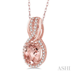 8x6 MM Oval Cut Morganite and 1/6 ctw Round Cut Diamond Entwined Semi Precious Pendant in 14K Rose Gold with chain