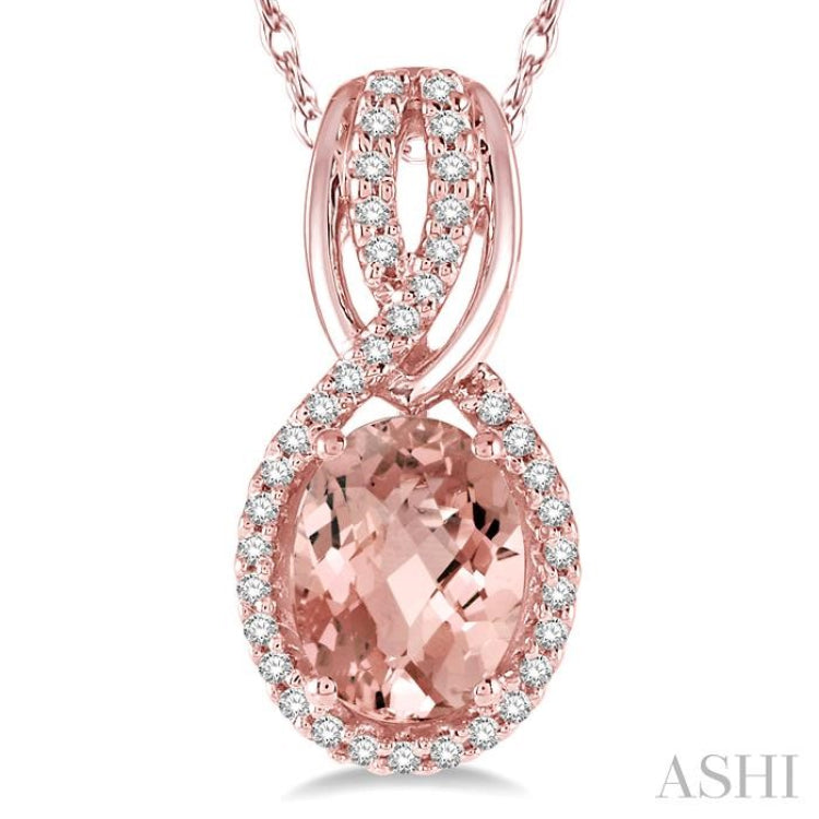 8x6 MM Oval Cut Morganite and 1/6 ctw Round Cut Diamond Entwined Semi Precious Pendant in 14K Rose Gold with chain
