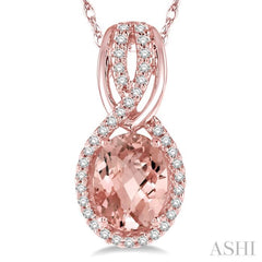 8x6 MM Oval Cut Morganite and 1/6 ctw Round Cut Diamond Entwined Semi Precious Pendant in 14K Rose Gold with chain