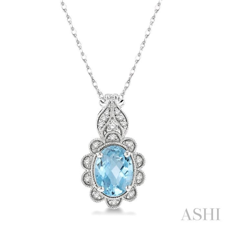 8x6 MM Floral Oval Cut Aquamarine and 1/10 ctw Round Cut Diamond Semi Precious Pendant With Chain in 10K White Gold