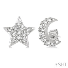 1/10 ctw Star & Crescent Mix Round Cut Diamond Petite Fashion Earring in 10K White Gold