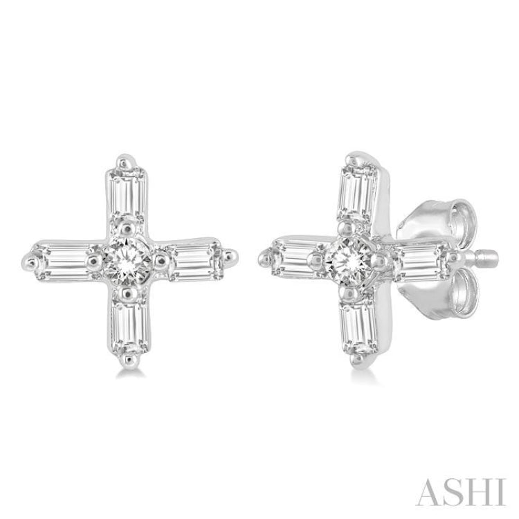 1/10 ctw Greek Cross Baguette and Round Cut Diamond Petite Earring in 10K White Gold
