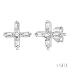 1/10 ctw Greek Cross Baguette and Round Cut Diamond Petite Earring in 10K White Gold
