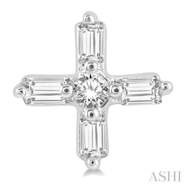 1/10 ctw Greek Cross Baguette and Round Cut Diamond Petite Earring in 10K White Gold