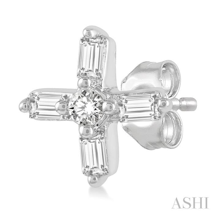 1/10 ctw Greek Cross Baguette and Round Cut Diamond Petite Earring in 10K White Gold