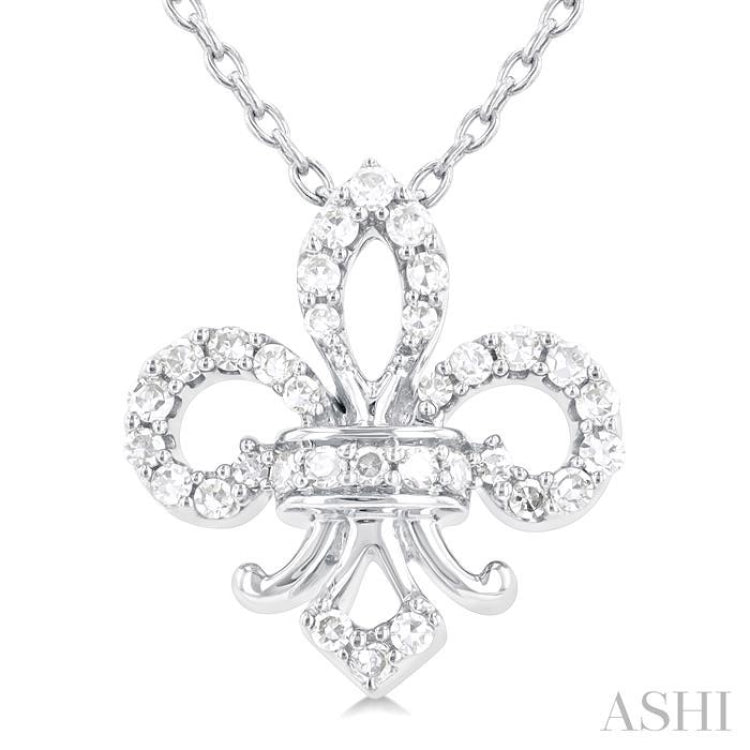 1/6 ctw Petite Fleur De Lis Round Cut Diamond Fashion Pendant With Chain in 10K White Gold