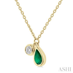 5x3 MM Pear Cut Emerald and 1/50 ctw Bezel Set Round Cut Diamond Precious Pendant With Chain in 10K Yellow Gold