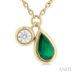 5x3 MM Pear Cut Emerald and 1/50 ctw Bezel Set Round Cut Diamond Precious Pendant With Chain in 10K Yellow Gold