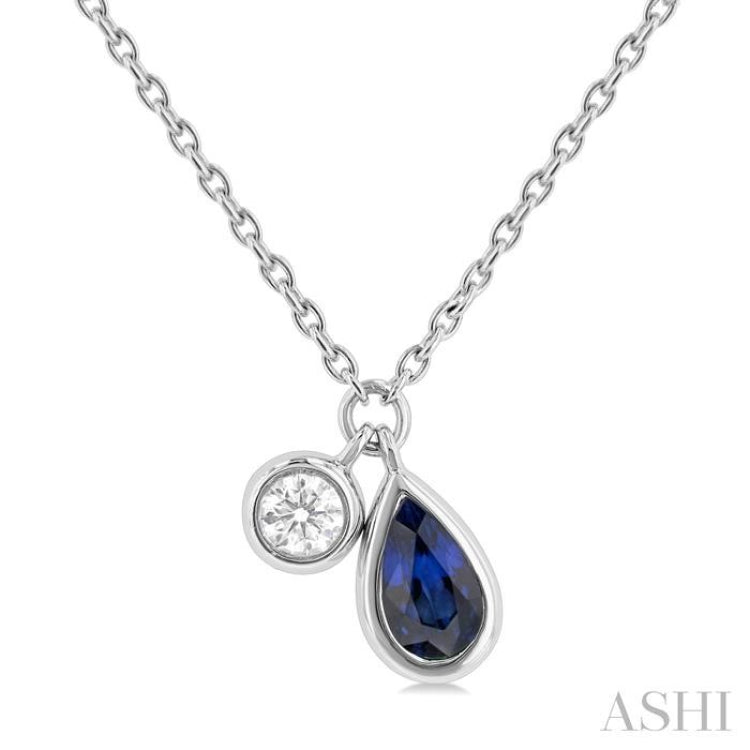 5x3 MM Pear Cut Sapphire and 1/50 ctw Bezel Set Round Cut Diamond Precious Pendant With Chain in 10K White Gold