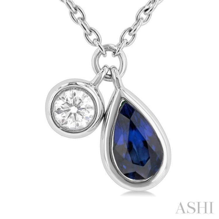 5x3 MM Pear Cut Sapphire and 1/50 ctw Bezel Set Round Cut Diamond Precious Pendant With Chain in 10K White Gold