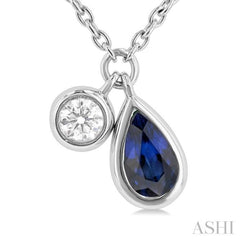 5x3 MM Pear Cut Sapphire and 1/50 ctw Bezel Set Round Cut Diamond Precious Pendant With Chain in 10K White Gold