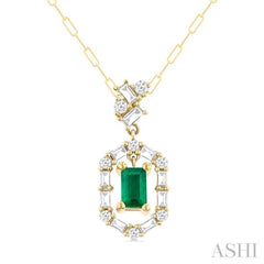 5x3 MM Emerald Cut and 1/3 ctw Baguette & Round Cut Diamond Precious Fashion Pendant With Chain in 14K Yellow Gold