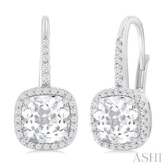 7X7 MM Cushion Cut White Topaz and 1/4 ctw Round Cut Diamond Halo Semi Precious Earring in 14K White Gold