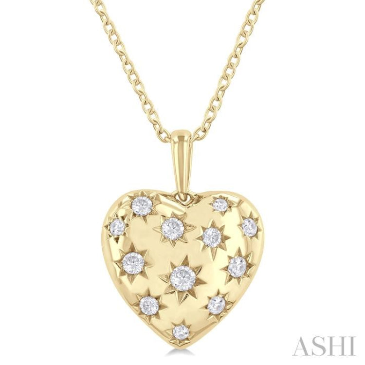 1/6 ctw Bold Star Engraved Puffed Heart Round Cut Diamond Fashion Pendant With Chain in 10K Yellow Gold