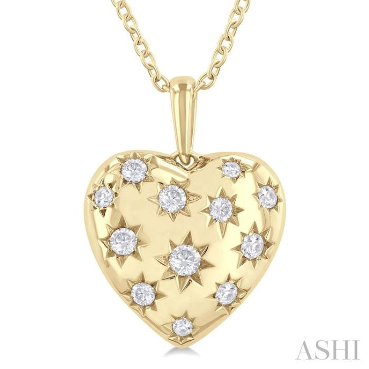 1/6 ctw Bold Star Engraved Puffed Heart Round Cut Diamond Fashion Pendant With Chain in 10K Yellow Gold