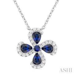 4x3 MM Pear Cut & 2 MM Round Cut Sapphire and 1/6 ctw Round Cut Diamond Floral Shape Pendant With Chain in 14K White Gold
