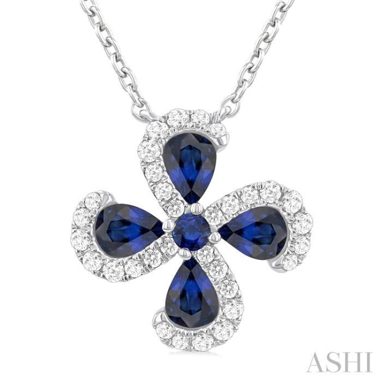 4x3 MM Pear Cut & 2 MM Round Cut Sapphire and 1/6 ctw Round Cut Diamond Floral Shape Pendant With Chain in 14K White Gold