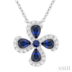 4x3 MM Pear Cut & 2 MM Round Cut Sapphire and 1/6 ctw Round Cut Diamond Floral Shape Pendant With Chain in 14K White Gold