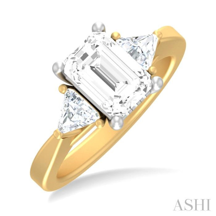 1/2 ctw Emerald Shape Trillion and Round Cut Diamond Semi Mount Engagement Ring in 14K Yellow and White Gold
