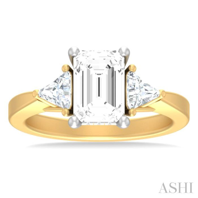 1/2 ctw Emerald Shape Trillion and Round Cut Diamond Semi Mount Engagement Ring in 14K Yellow and White Gold
