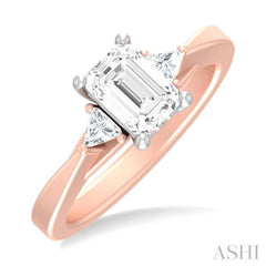 1/4 ctw Emerald Shape Trillion and Round Cut Diamond Semi Mount Engagement Ring in 14K Rose and White Gold