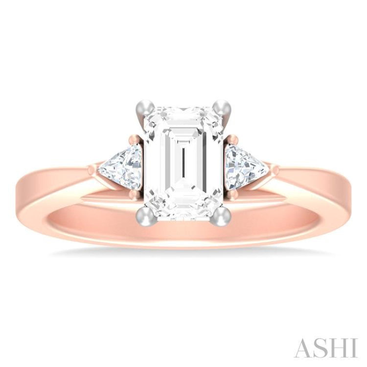 1/4 ctw Emerald Shape Trillion and Round Cut Diamond Semi Mount Engagement Ring in 14K Rose and White Gold