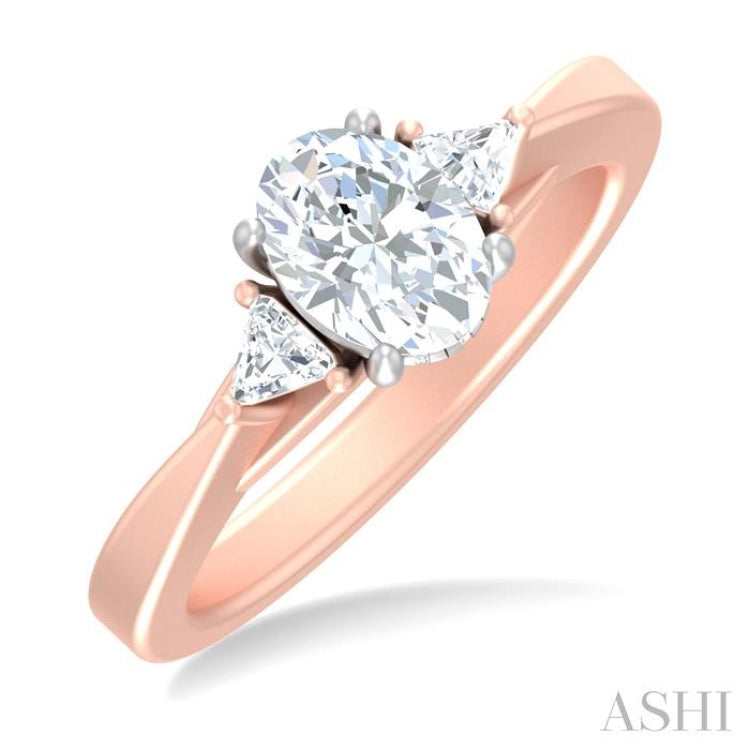 1/4 ctw Oval Shape Trillion Cut & Round Cut Diamond Semi Mount Engagement Ring in 14K Rose and White Gold