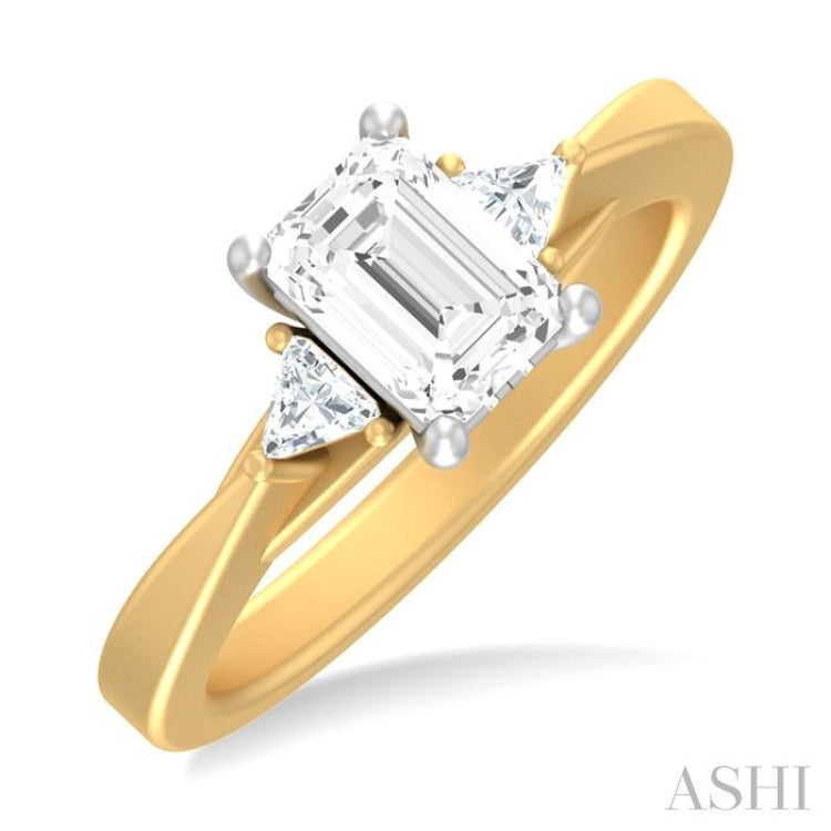 1/4 ctw Emerald Shape Trillion and Round Cut Diamond Semi Mount Engagement Ring in 14K Yellow and White Gold