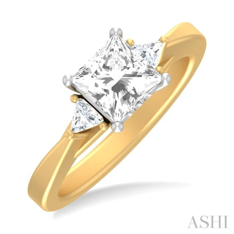 1/4 ctw Princess Shape Trillion Cut & Round Cut Diamond Semi Mount Engagement Ring in 14K Yellow and White Gold