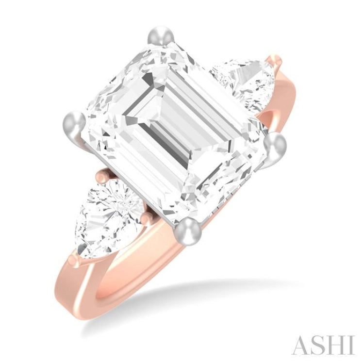 1 ctw Tri-Mount Emerald Shape Center Pear and Round Cut Diamond Semi Mount Engagement Ring in 14K Rose and White Gold