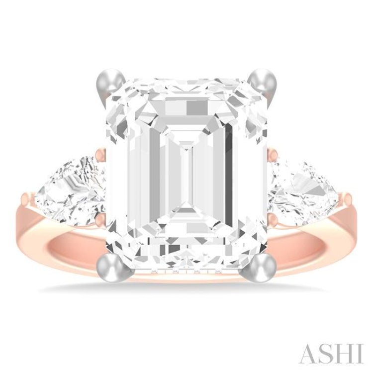 1 ctw Tri-Mount Emerald Shape Center Pear and Round Cut Diamond Semi Mount Engagement Ring in 14K Rose and White Gold