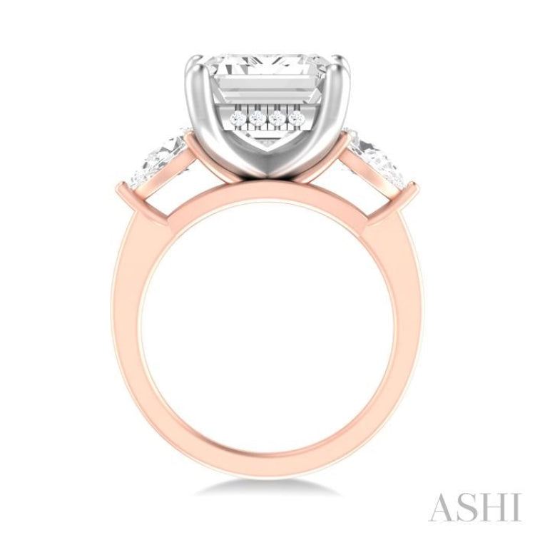1 ctw Tri-Mount Emerald Shape Center Pear and Round Cut Diamond Semi Mount Engagement Ring in 14K Rose and White Gold