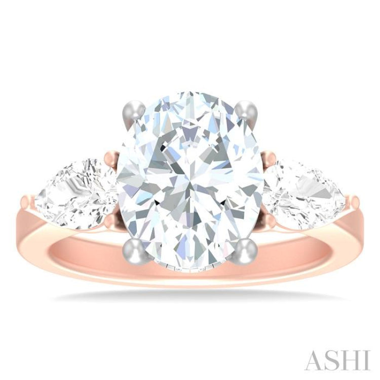 1 ctw Tri-Mount Oval Shape Center Pear and Round Cut Diamond Semi Mount Engagement Ring in 14K Rose and White Gold