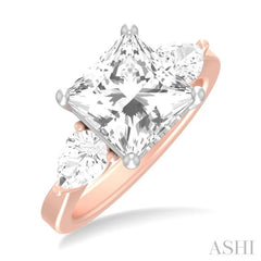 1 ctw Tri-Mount Princess Shape Center Pear and Round Cut Diamond Semi Mount Engagement Ring in 14K Rose and White Gold