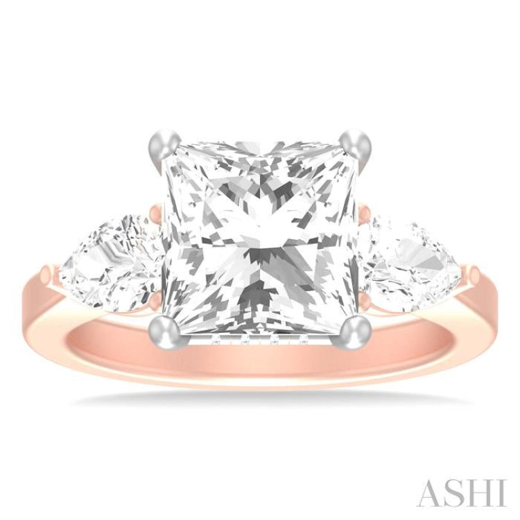 1 ctw Tri-Mount Princess Shape Center Pear and Round Cut Diamond Semi Mount Engagement Ring in 14K Rose and White Gold