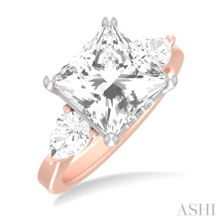 1 ctw Tri-Mount Princess Shape Center Pear and Round Cut Diamond Semi Mount Engagement Ring in 14K Rose and White Gold
