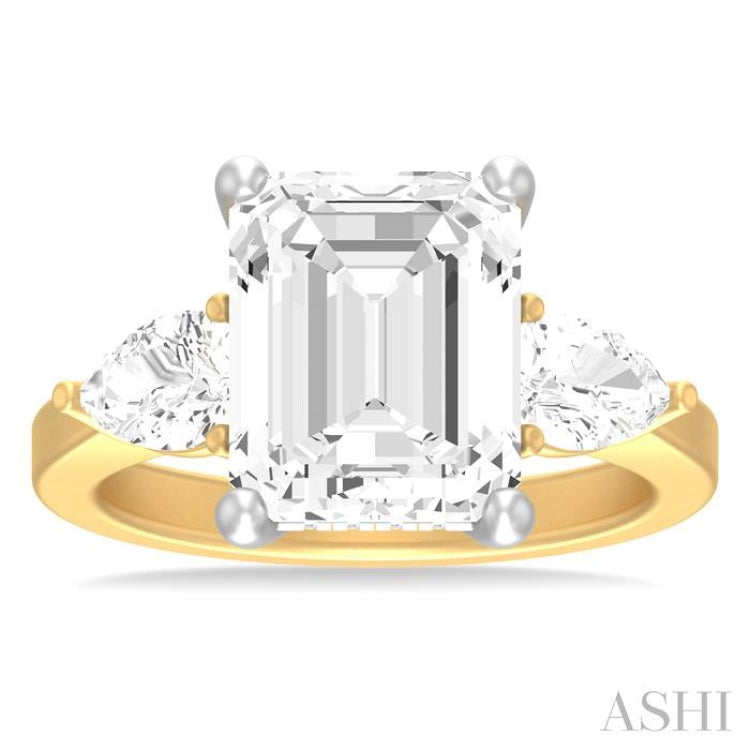 1 ctw Tri-Mount Emerald Shape Center Pear and Round Cut Diamond Semi Mount Engagement Ring in 14K Yellow and White Gold