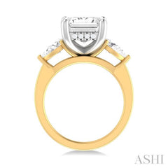 1 ctw Tri-Mount Emerald Shape Center Pear and Round Cut Diamond Semi Mount Engagement Ring in 14K Yellow and White Gold