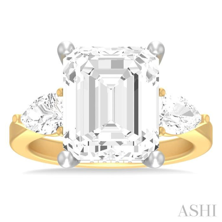 1 ctw Tri-Mount Emerald Shape Center Pear and Round Cut Diamond Semi Mount Engagement Ring in 14K Yellow and White Gold