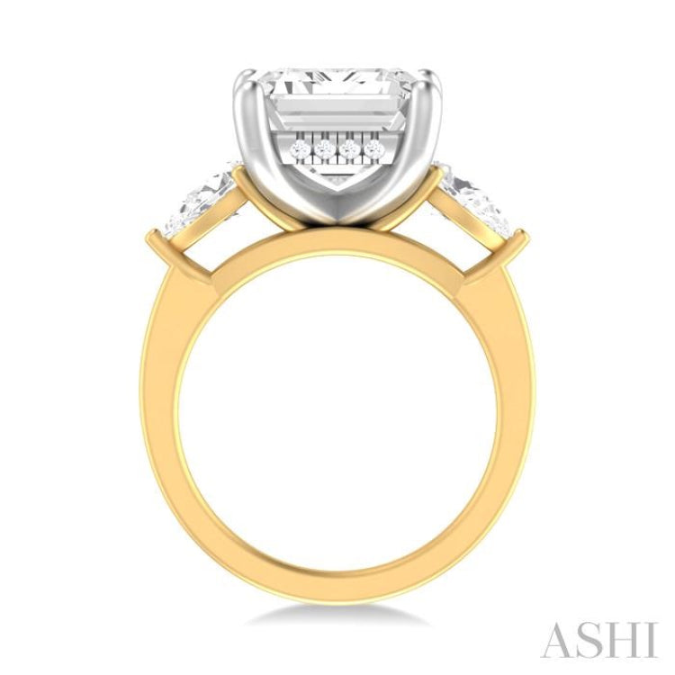 1 ctw Tri-Mount Emerald Shape Center Pear and Round Cut Diamond Semi Mount Engagement Ring in 14K Yellow and White Gold