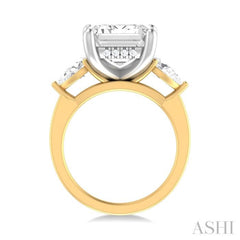 1 ctw Tri-Mount Emerald Shape Center Pear and Round Cut Diamond Semi Mount Engagement Ring in 14K Yellow and White Gold