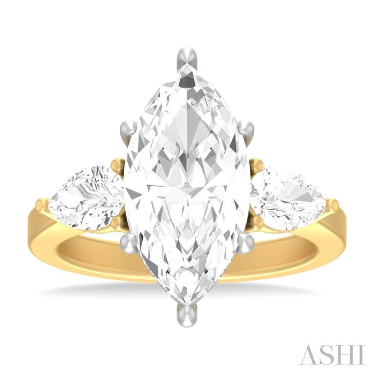 1 ctw Tri-Mount Marquise Shape Center Pear and Round Cut Diamond Semi Mount Engagement Ring in 14K Yellow and White Gold