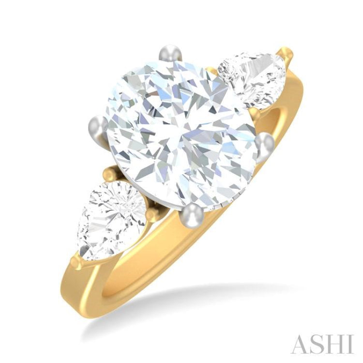 1 ctw Tri-Mount Oval Shape Center Pear and Round Cut Diamond Semi Mount Engagement Ring in 14K Yellow and White Gold