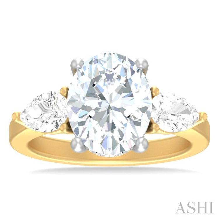 1 ctw Tri-Mount Oval Shape Center Pear and Round Cut Diamond Semi Mount Engagement Ring in 14K Yellow and White Gold
