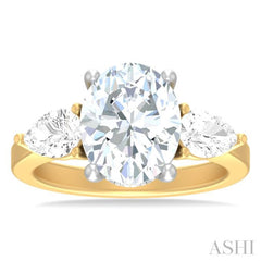 1 ctw Tri-Mount Oval Shape Center Pear and Round Cut Diamond Semi Mount Engagement Ring in 14K Yellow and White Gold
