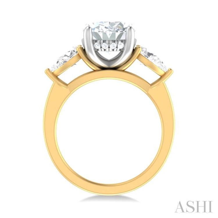 1 ctw Tri-Mount Oval Shape Center Pear and Round Cut Diamond Semi Mount Engagement Ring in 14K Yellow and White Gold