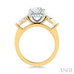 1 ctw Tri-Mount Oval Shape Center Pear and Round Cut Diamond Semi Mount Engagement Ring in 14K Yellow and White Gold