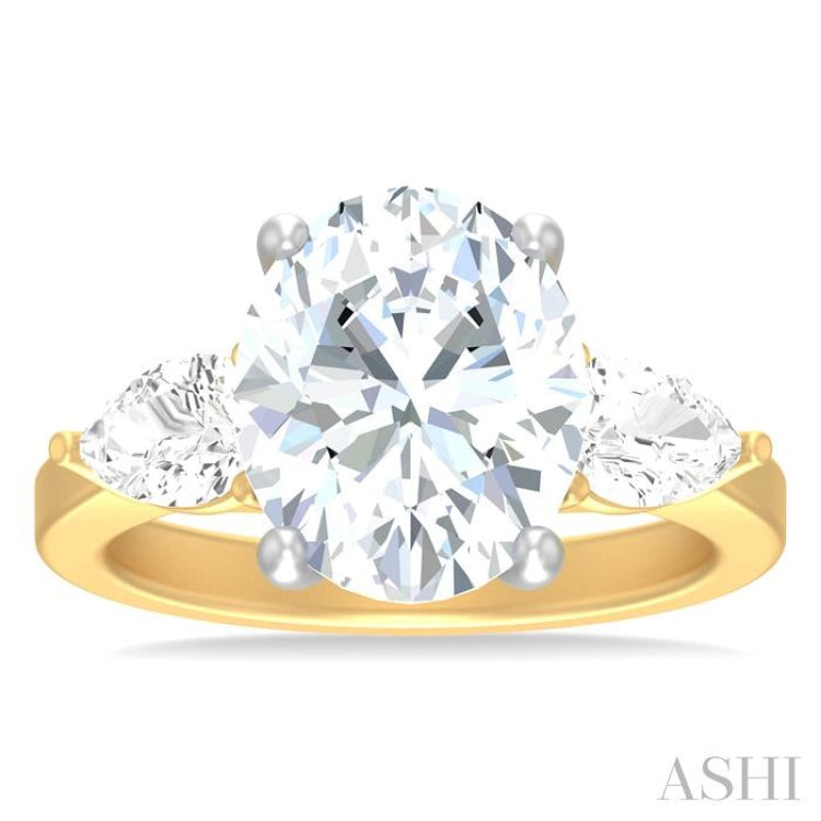 1 ctw Tri-Mount Oval Shape Center Pear and Round Cut Diamond Semi Mount Engagement Ring in 14K Yellow and White Gold