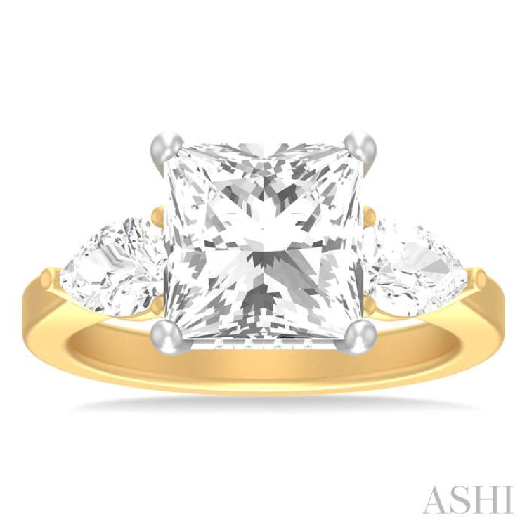 1 ctw Tri-Mount Princess Shape Center Pear and Round Cut Diamond Semi Mount Engagement Ring in 14K Yellow and White Gold