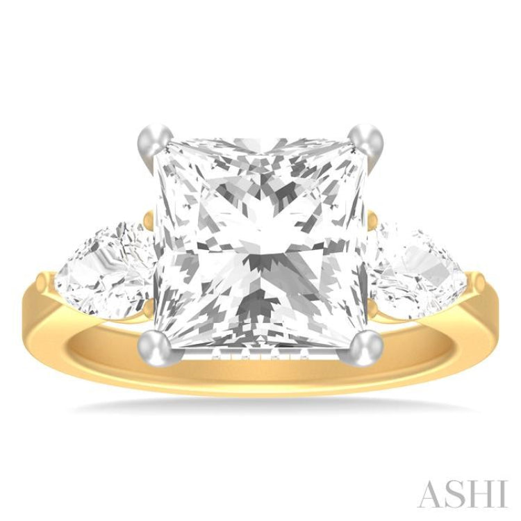 1 ctw Tri-Mount Princess Shape Center Pear and Round Cut Diamond Semi Mount Engagement Ring in 14K Yellow and White Gold